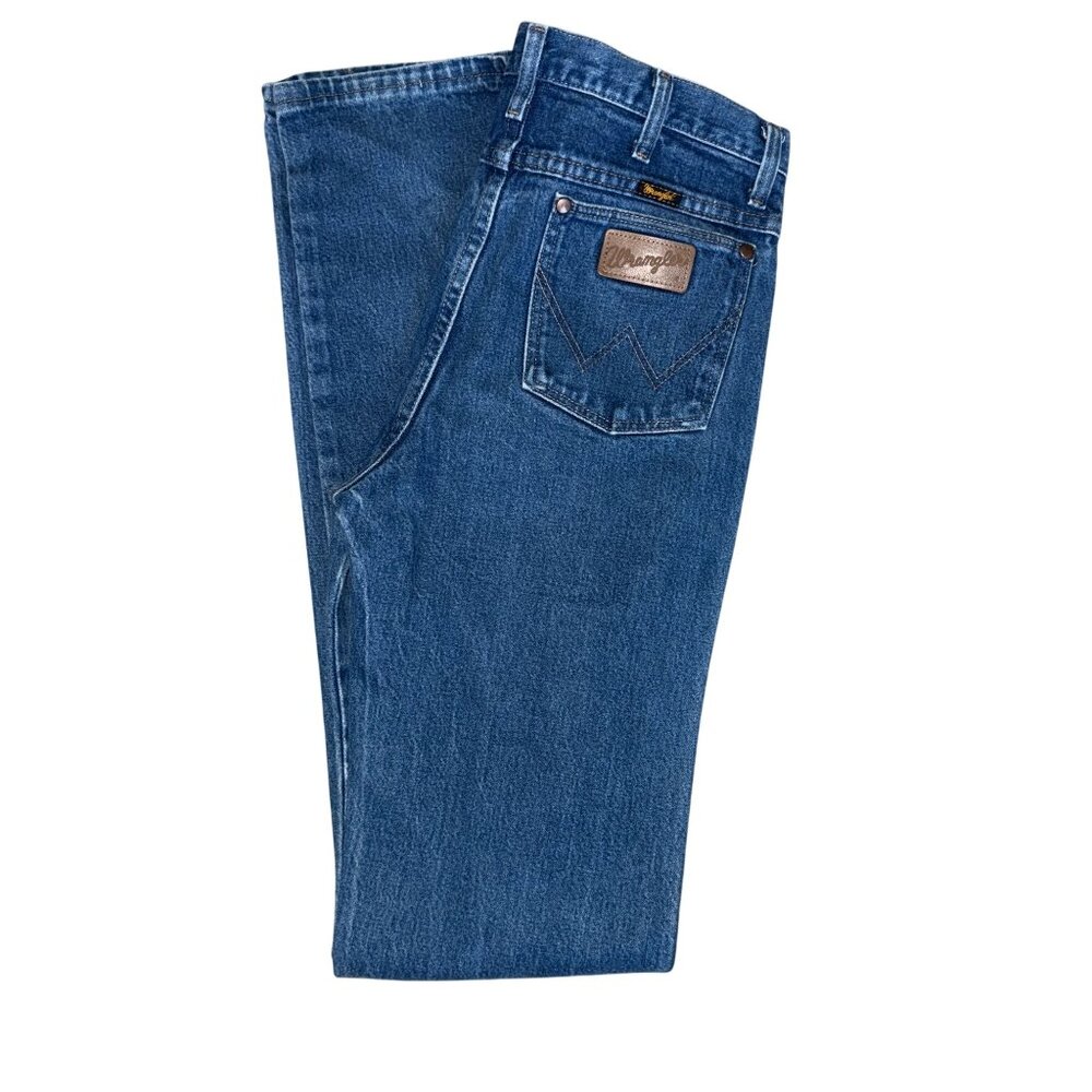 Wrangler 936DEN Mens Jeans 32 37 Tall Straight Leg Medium Wash Blue Logo Western
